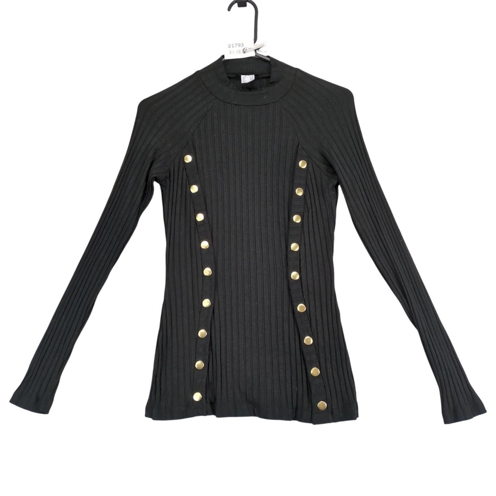 Venus Black Ribbed Brass Studded Knit Top Womens S Mock Neck Stretch Pullover